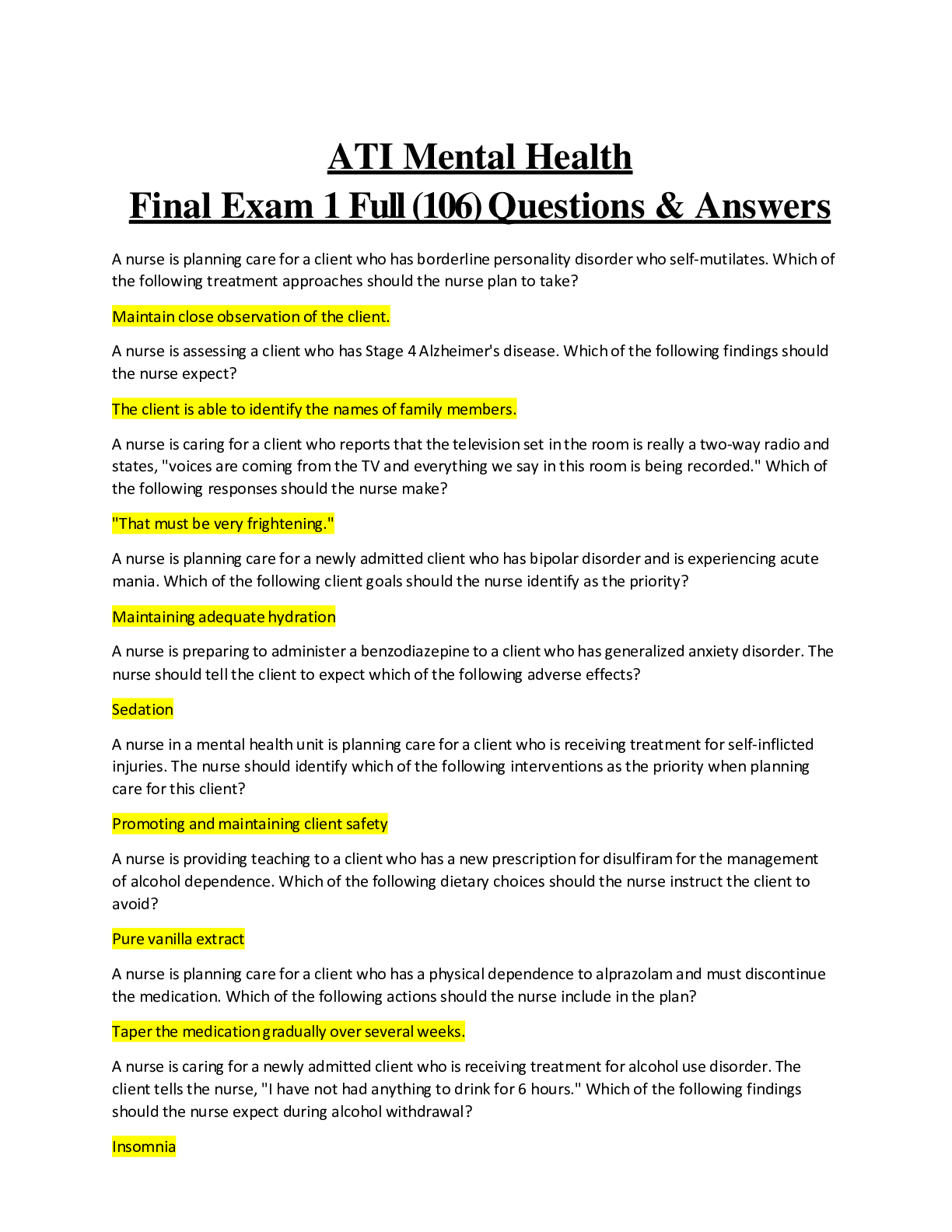 Preview image for ATI Mental Health_ Final Exam 1 Full Questions & Answers (2020-2021 Revised Study Guide)